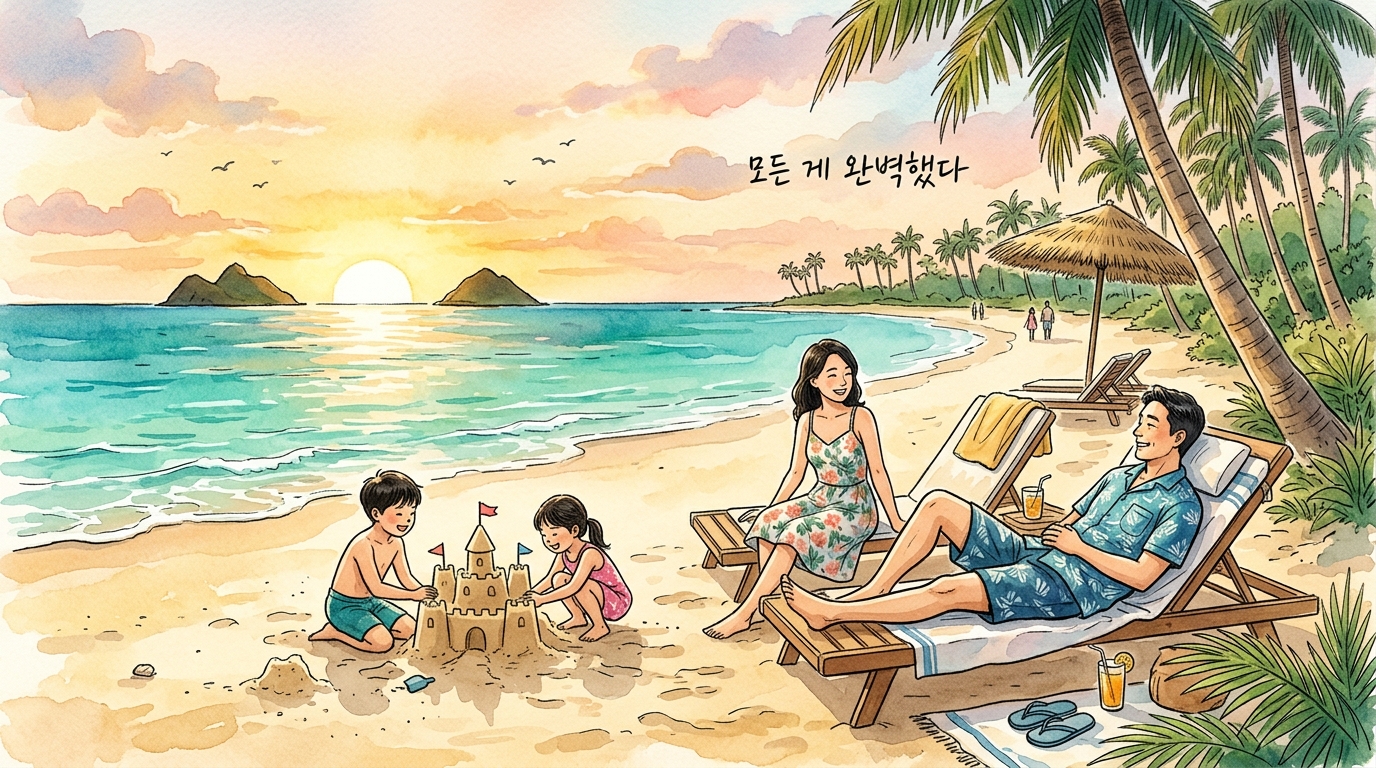 하와이 해변가 비치베드에 누워 가족들과 여유로운 한때를 즐기는 따뜻한 수묵 수채화 풍경